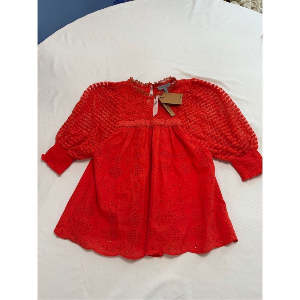 NWT Anthropologie Conditions Apply Red Rouge Eyelet Embroidered Top Size XXS New